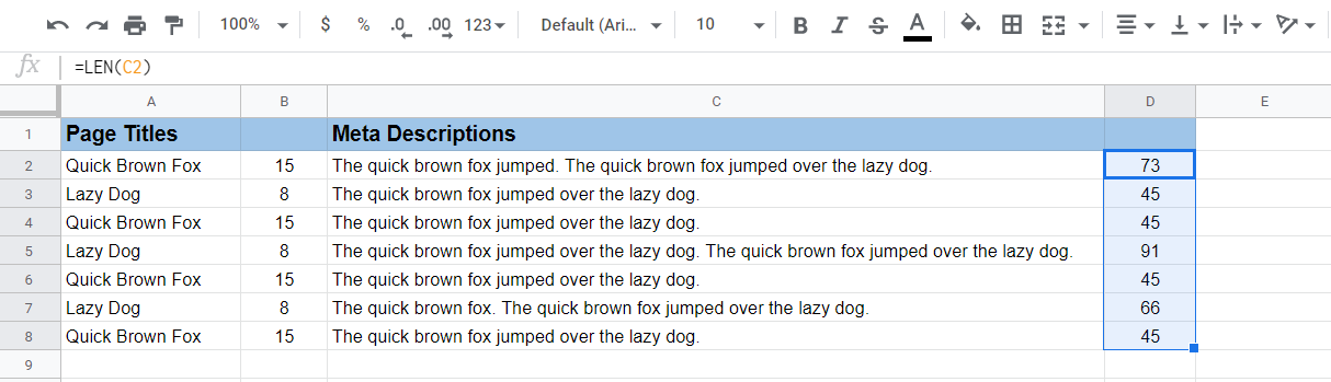 LEN formula in Google Sheets example